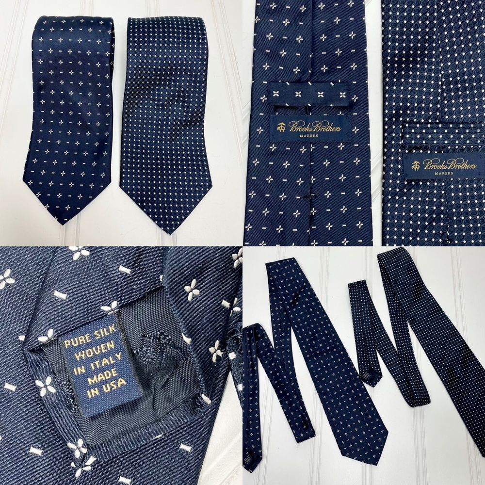 Brooks Brothers Makers Men's Navy Tie Set Of 2 Made In USA Pure Silk Polka Dots